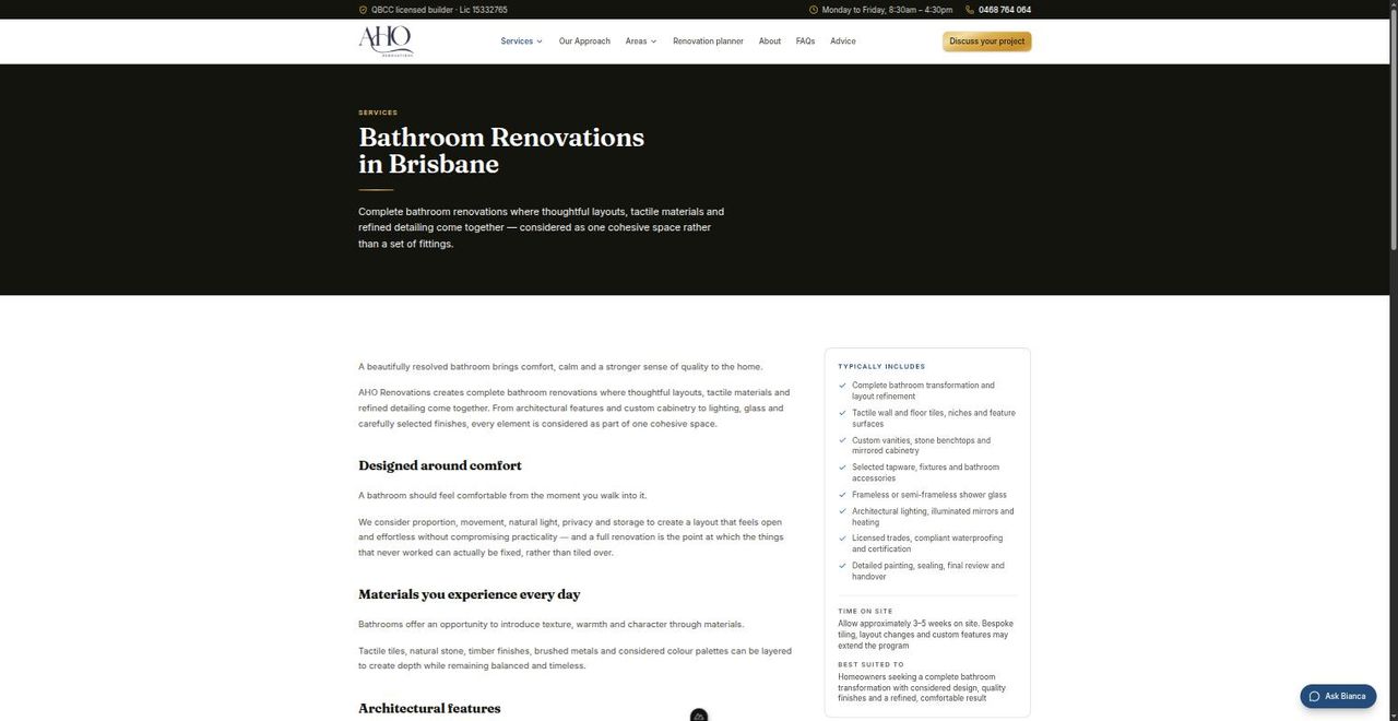 The rebuilt bathroom page, headed “Bathroom Renovations in Brisbane”, with a panel listing what is typically included and how long it takes.