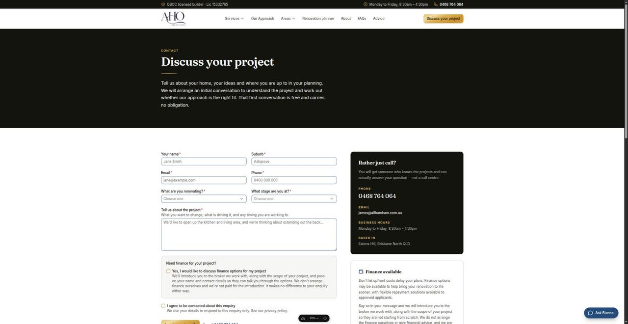 The rebuilt enquiry page: a structured form asking what is being renovated and what stage the project is at, beside the phone number and business hours.