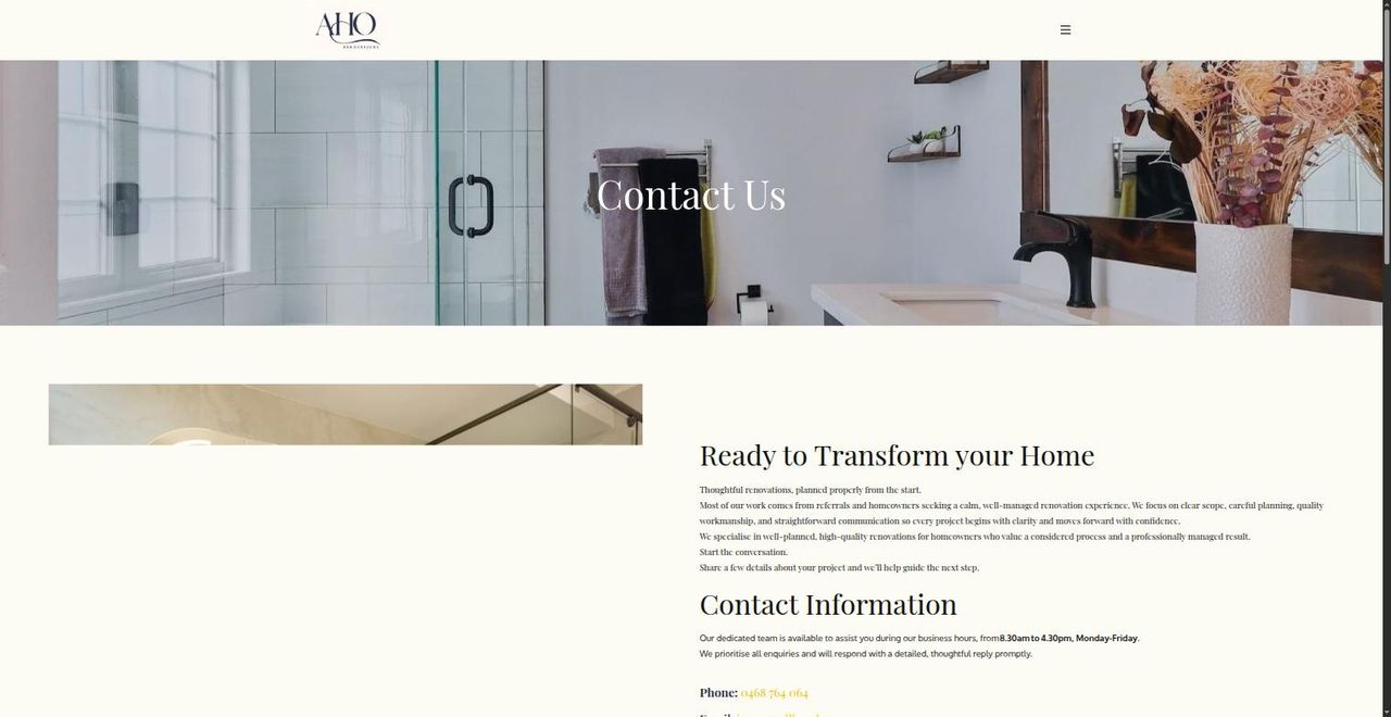 The previous contact page, opening on the same bathroom photograph used across the old site.