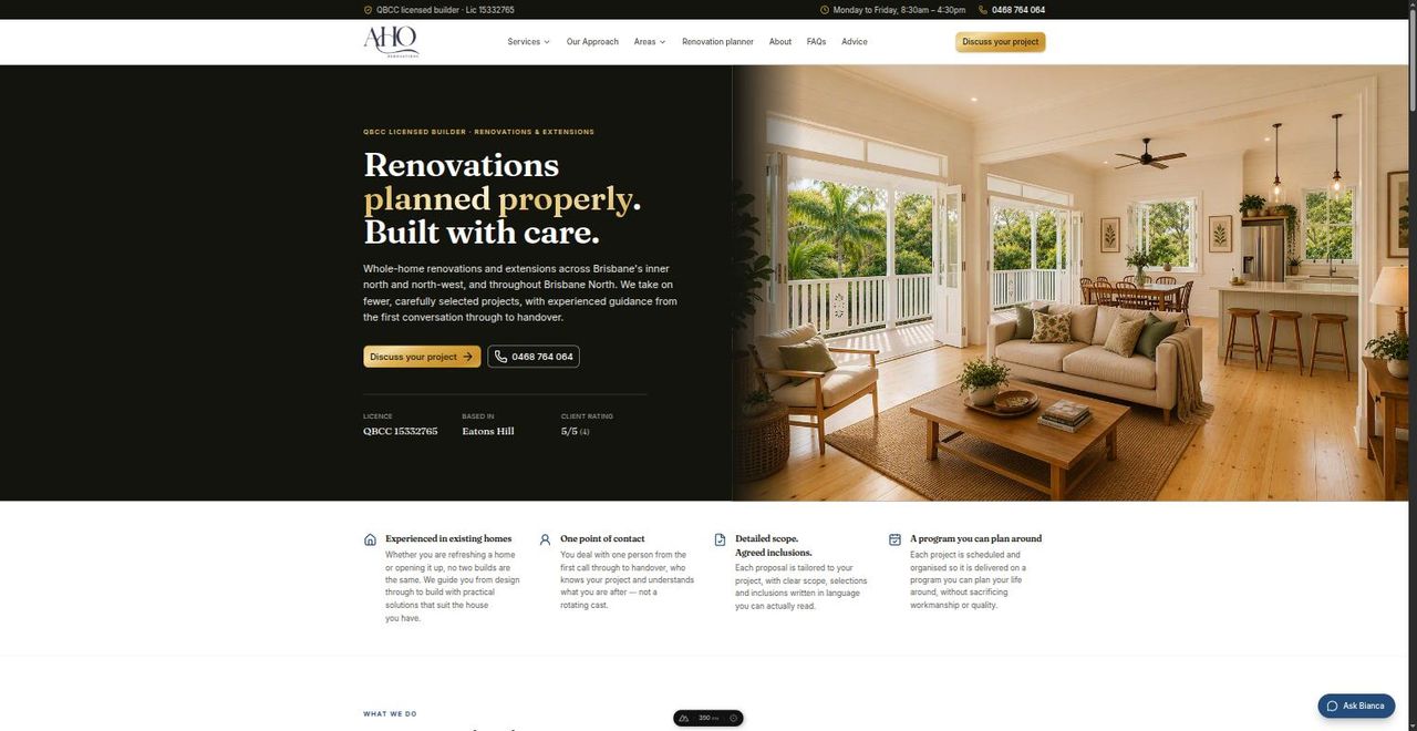 The rebuilt home page: a headline, supporting copy, two calls to action, and a row carrying the licence number, location and client rating.