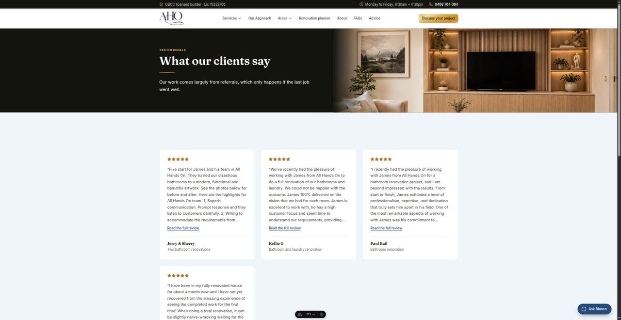 The rebuilt reviews page: the same reviews as cards, each with a rating, the reviewer and what the job was.