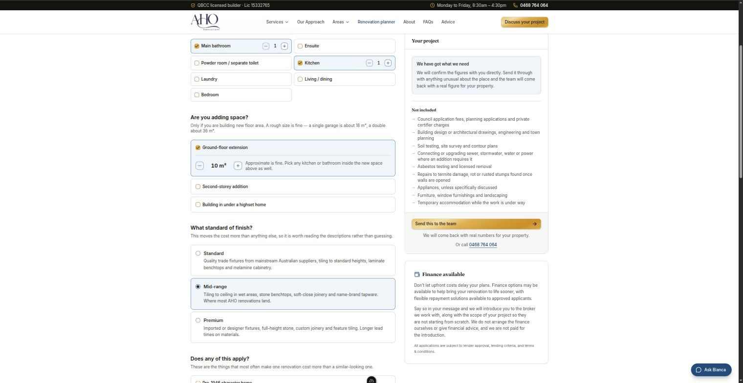 The renovation planner with rooms and an extension selected, the summary panel reading “We have got what we need” and showing no price.