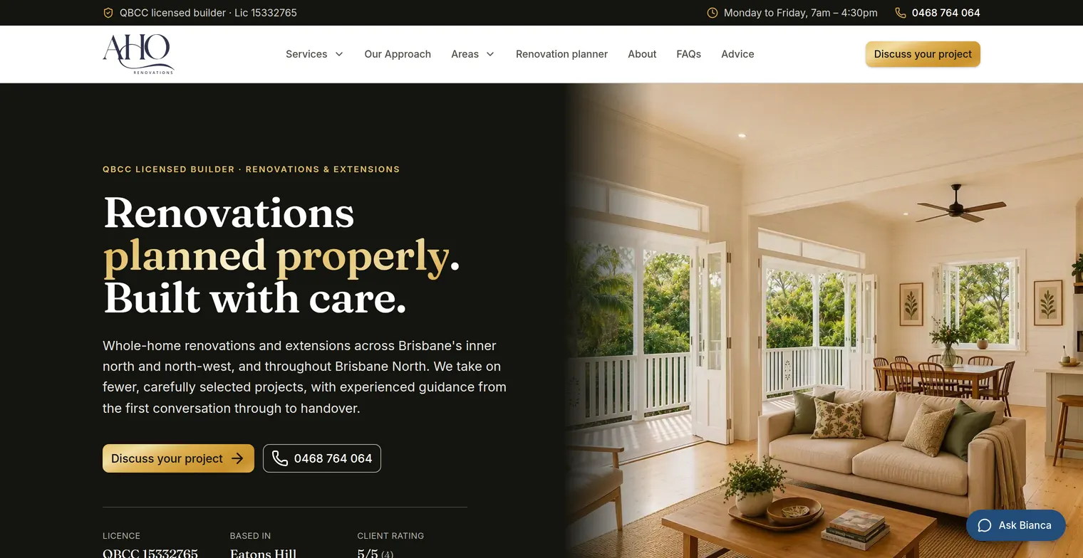The rebuilt AHO Renovations home page: a headline saying what they do, two calls to action, and their licence number, suburb and rating beneath.