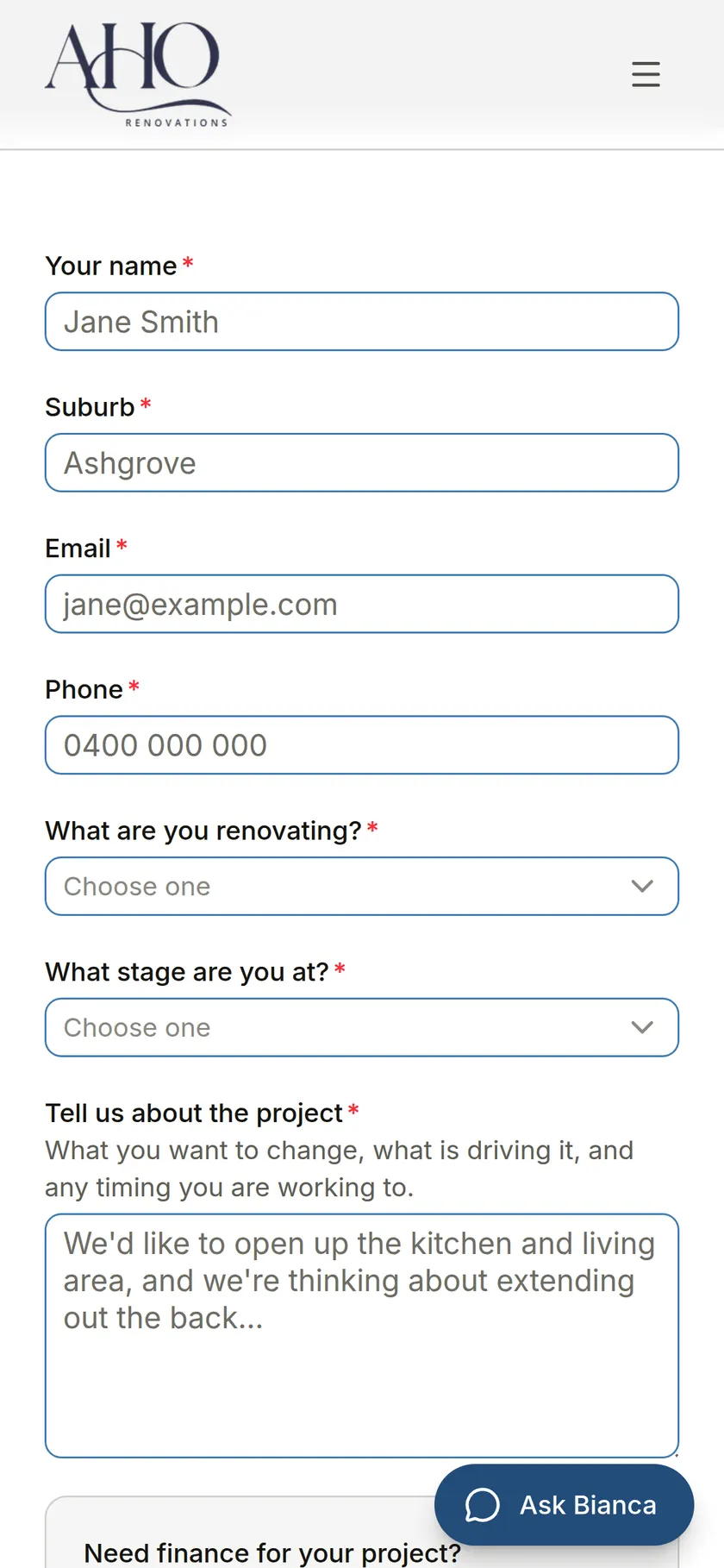 The AHO Renovations enquiry form on a phone, asking what is being renovated and what stage the project is at, with the Ask Bianca button beside it.