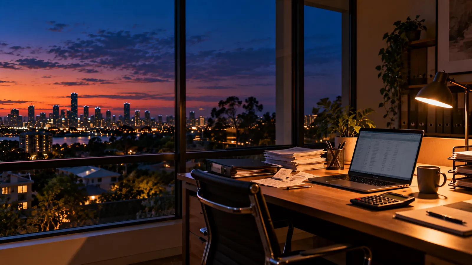 An accounting office at dusk, a desk lit by a lamp with stacks of paper, a receipts folder, a calculator and a laptop showing a spreadsheet, the Brisbane skyline through the window.