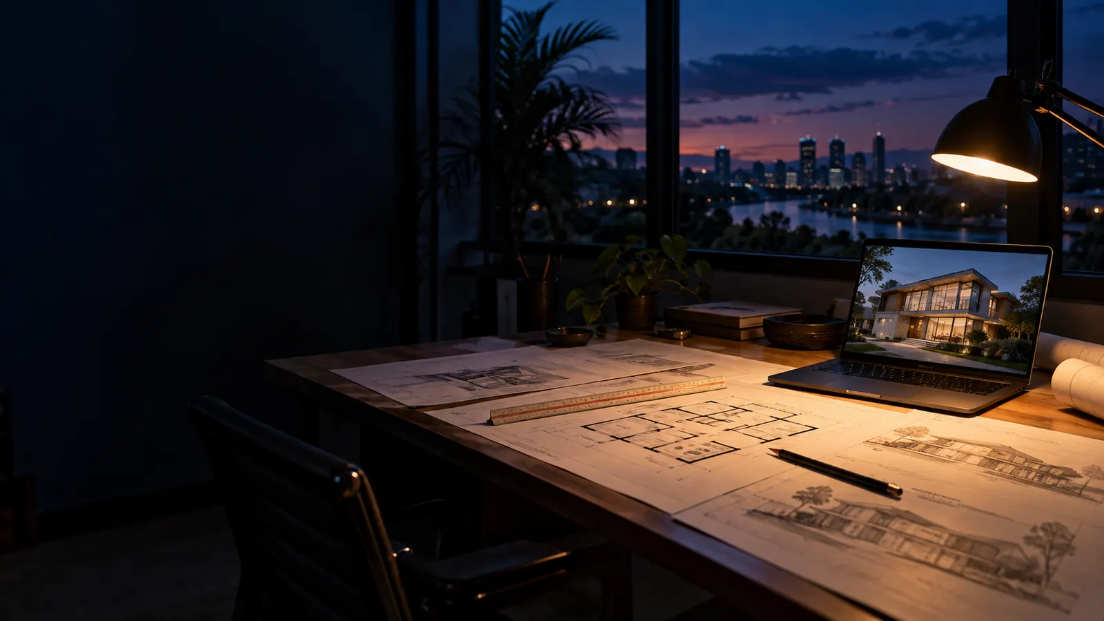 A designer’s desk at dusk: printed floor plans and elevations, a scale ruler and a pencil under a desk lamp, a laptop showing a house design, and a city river view through the window.
