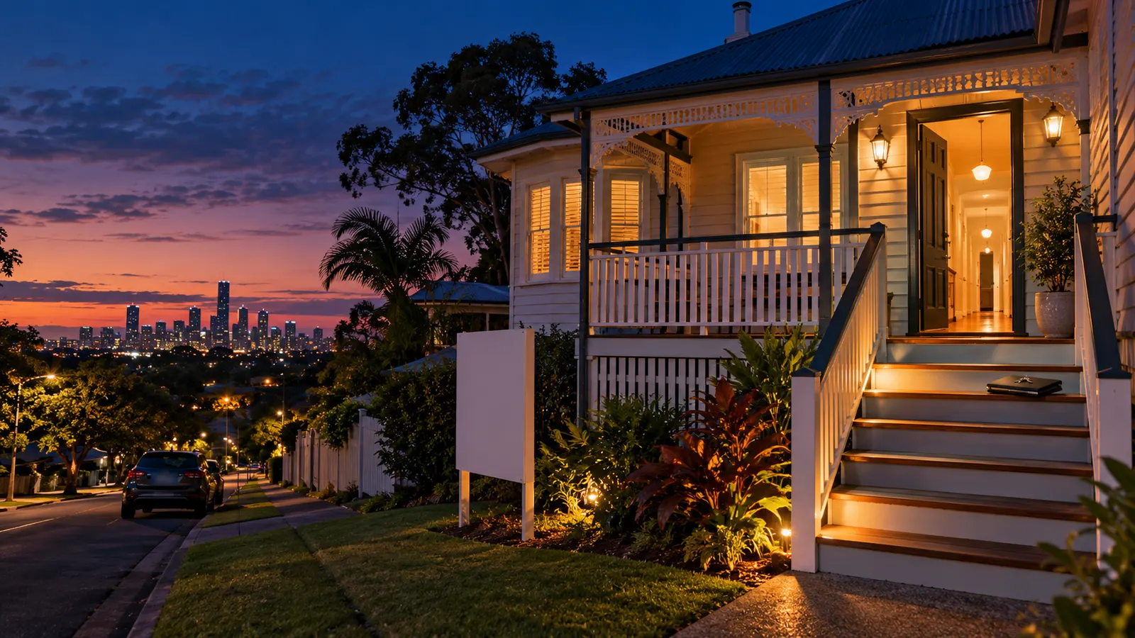 A white Queenslander on a hillside street at dusk, its front door open and hallway lit for an inspection, a blank sign board on the lawn and keys on the front steps, the Brisbane skyline behind.