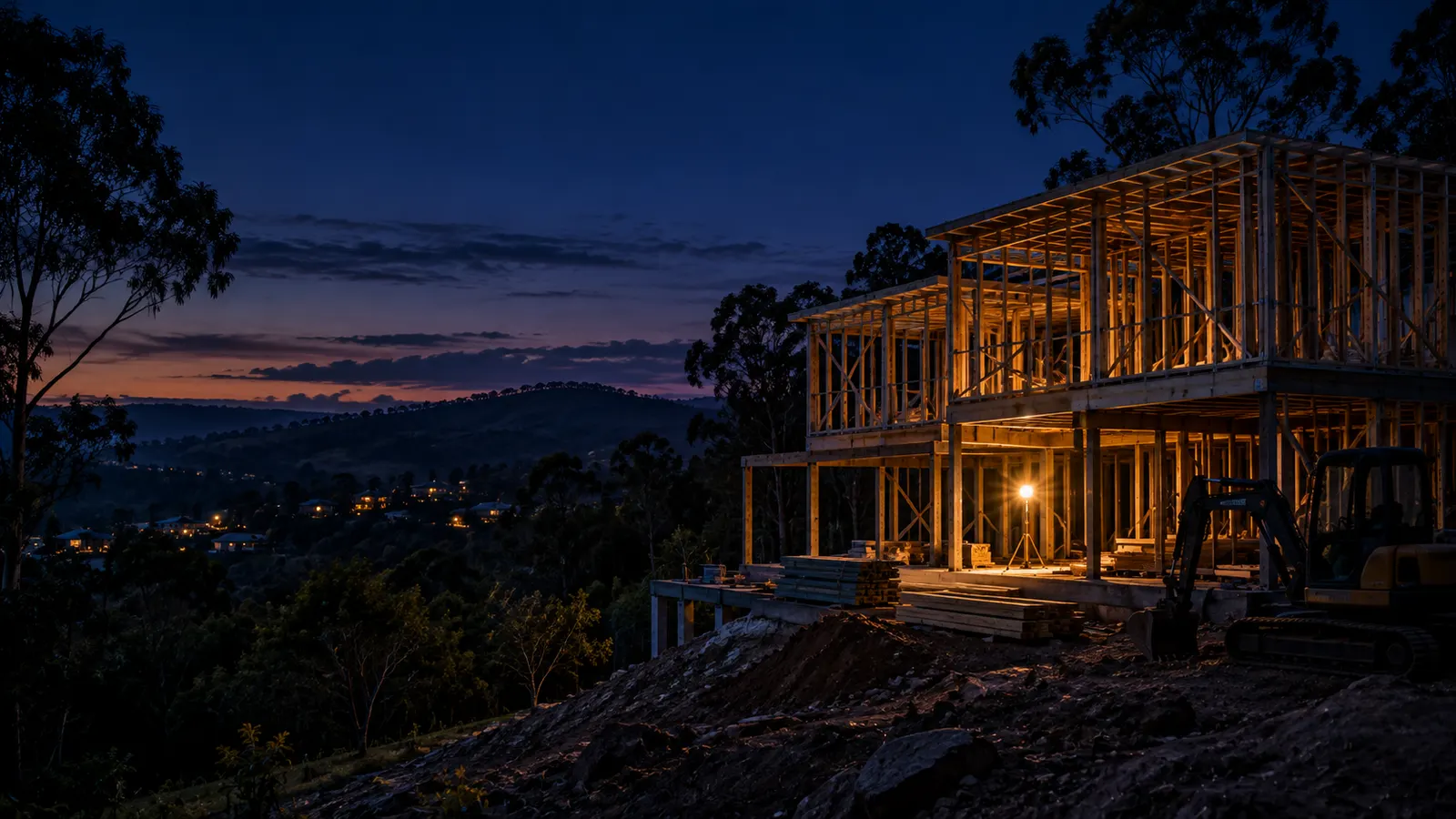 The timber frame of a two-storey home on a steep bush block at dusk, a work light glowing on the slab, stacked timber and a small excavator beside it, hills and lit houses in the valley behind.