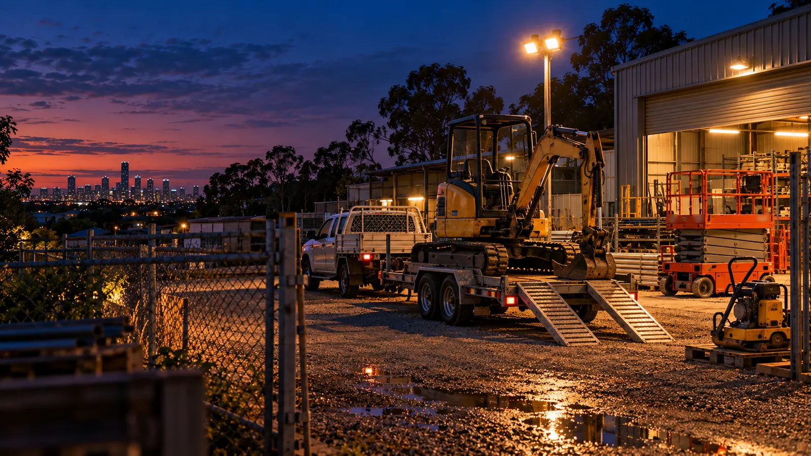 An equipment hire yard at dusk, a small excavator on a trailer with its ramps down behind a ute, a scissor lift and a plate compactor beside an open, lit shed, the Brisbane skyline behind.