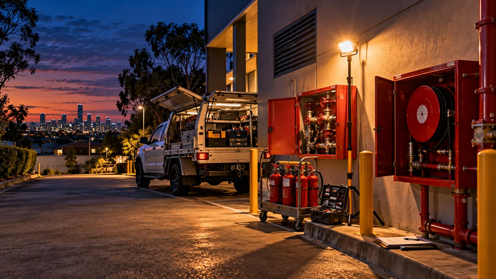 The side of a commercial building at dusk mid-service, a fire hydrant booster cabinet and a hose reel cabinet open under a work light, extinguishers on a trolley and a work ute with its canopy open, the Brisbane skyline behind.