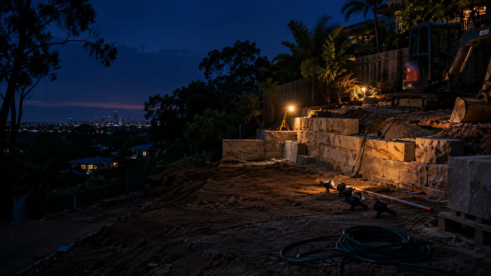 A half-built sandstone block retaining wall in a sloping backyard at dusk, a work light on a stand, garden lights not yet installed and a coiled hose on the levelled soil, a small excavator above.