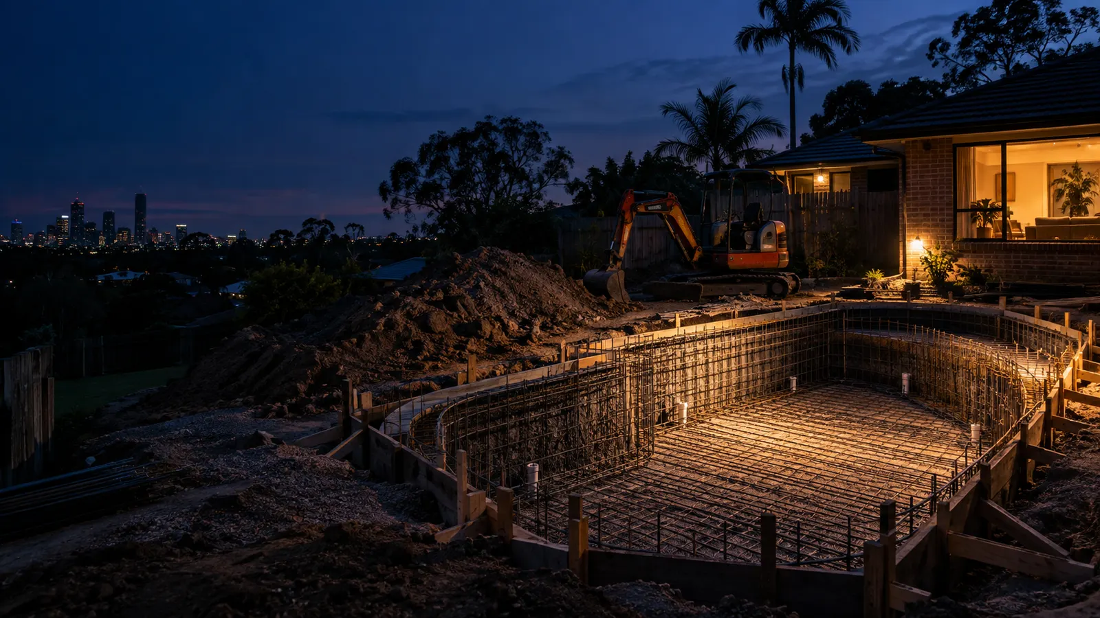 A backyard pool shell at dusk with its steel reinforcement and timber formwork in place, a small excavator and a mound of dirt beside the brick house, the Brisbane skyline behind.