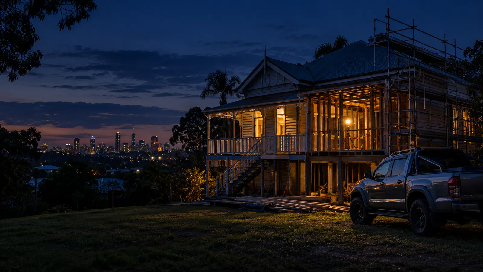 A timber Queenslander on stumps mid-renovation at dusk, scaffolding down one side and a work light glowing through bare wall frames, a ute parked on the grass and the Brisbane skyline behind.
