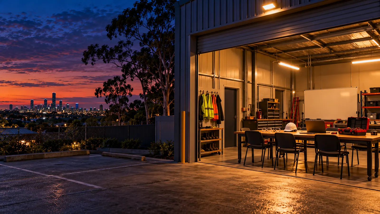 A training workshop at dusk seen through its open roller door, a workbench set with safety glasses, a hard hat, a laptop and an open toolbox, empty chairs, hi-vis vests on hooks and a blank whiteboard, the Brisbane skyline behind.